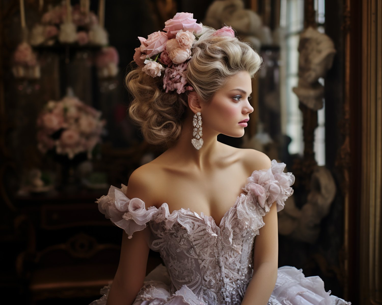 a beautiful young woman with pink flowers in her hair dressed with a classic wedding dress