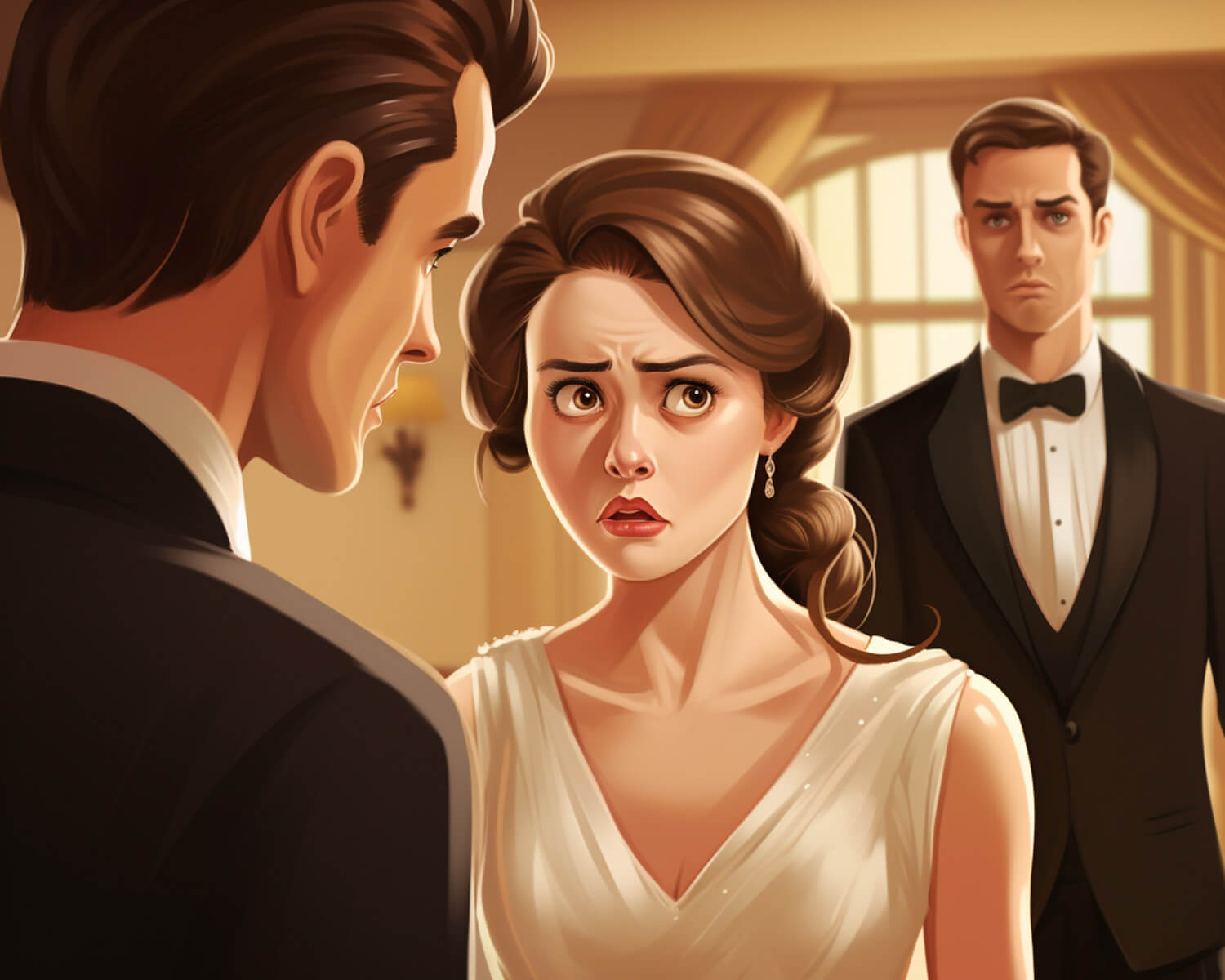 wedding ceremony is gettings objected by a man, bride and groom are shocked, illustration