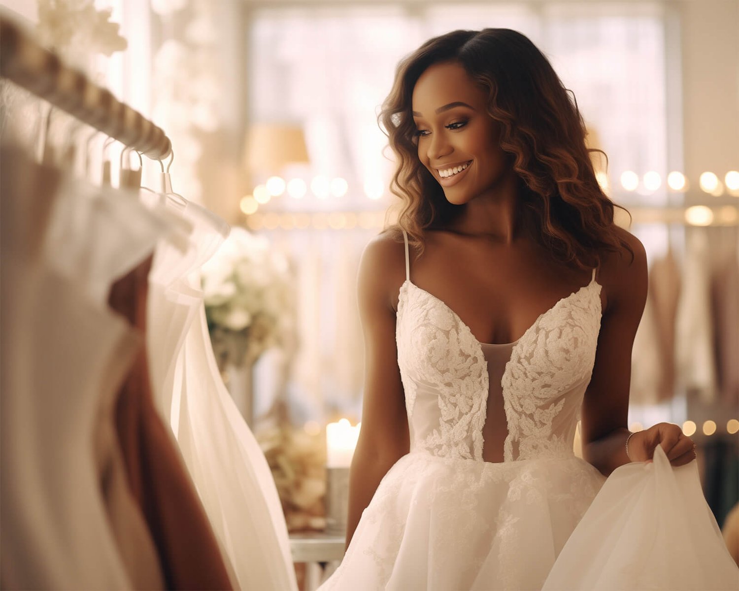 a black woman is trying on a wedding dress at a bridal store