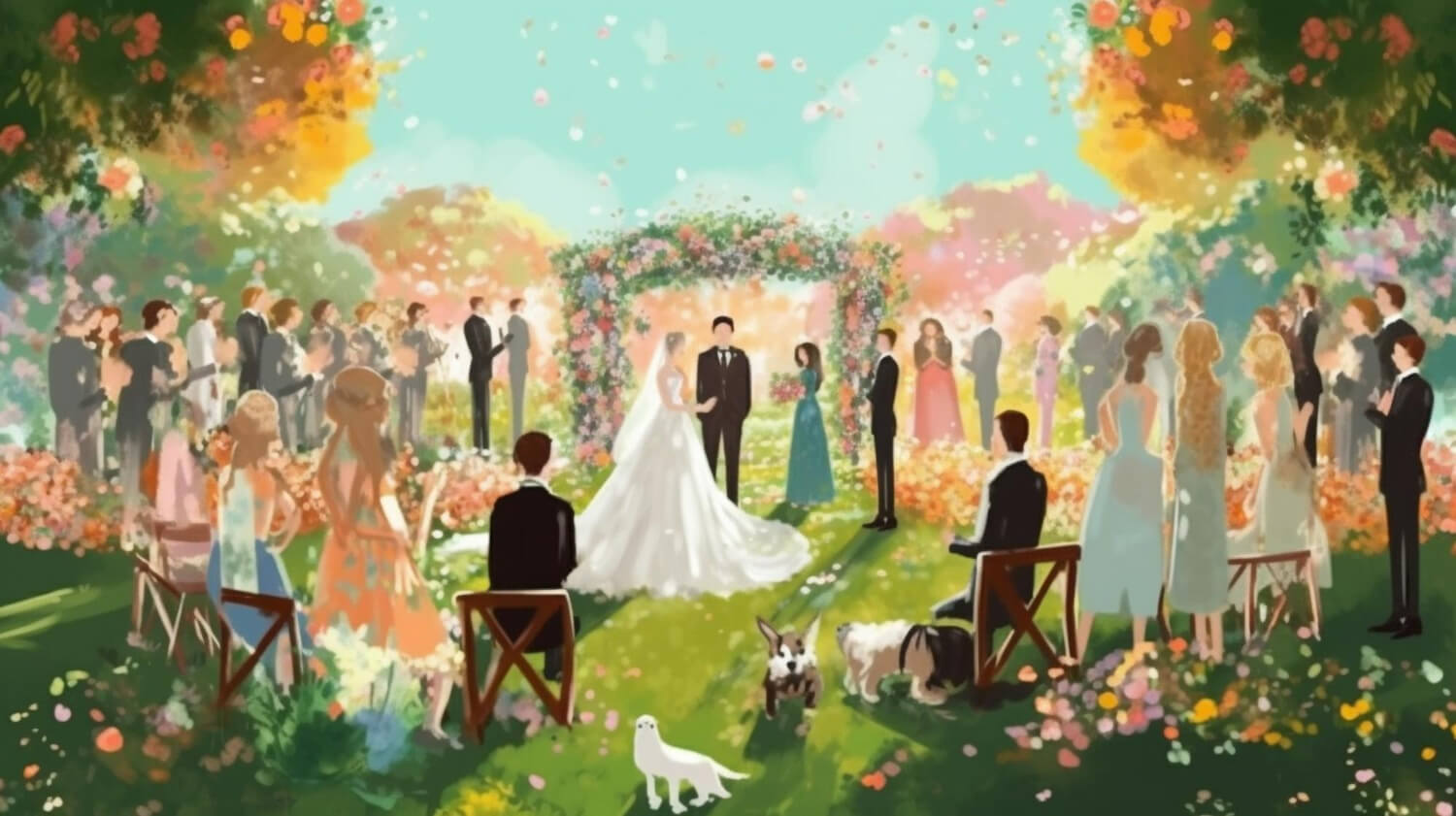 a beautiful painting of a wedding ceremony outside on a sunny day