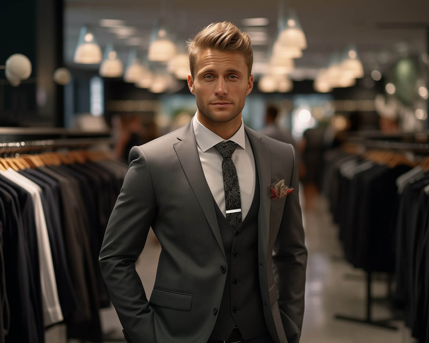 Confident male model in a modern grey suit with a printed tie and pocket square posing in a luxury clothing boutique.