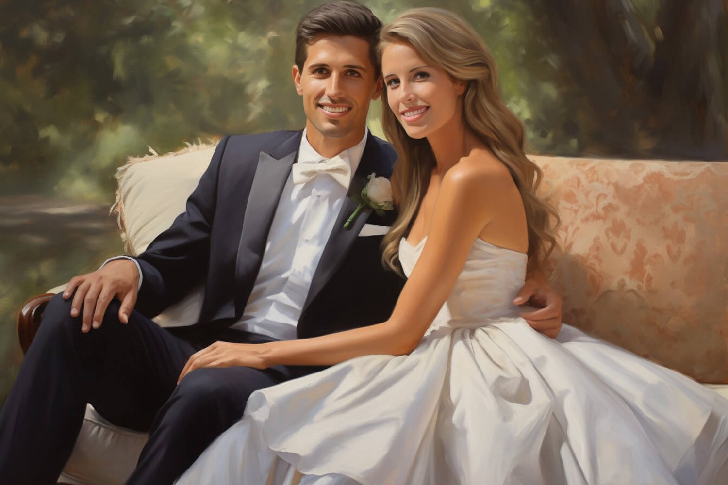 a painting of a bride and the groom sitting together