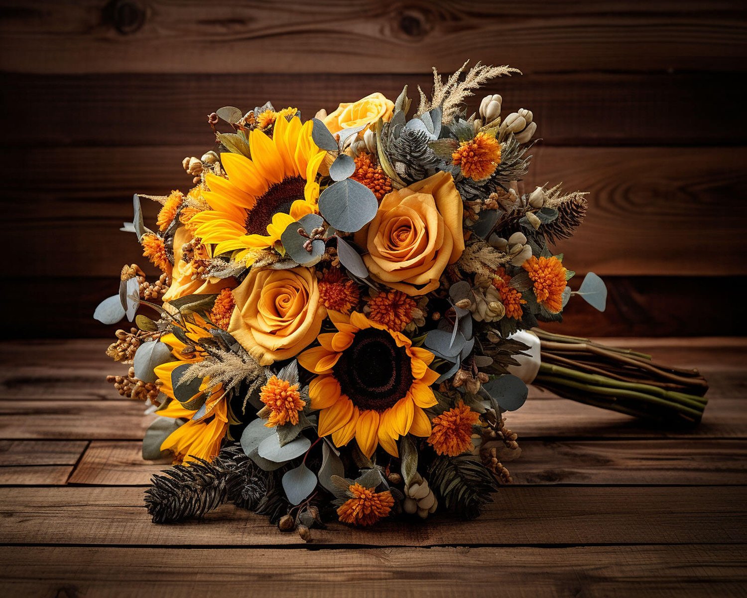 a flower bouquet for a wedding with yellow sunflowers