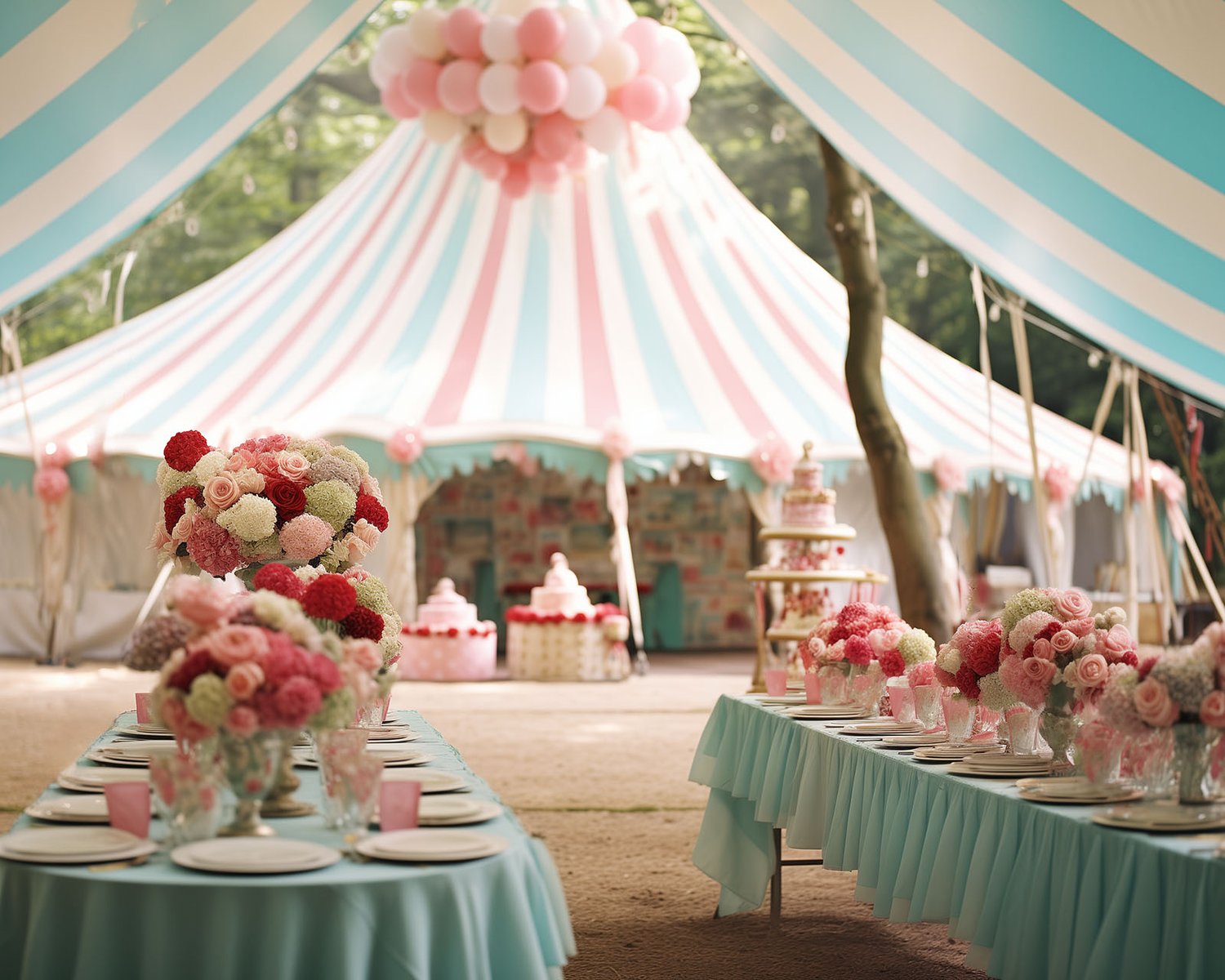 Chic outdoor wedding under a striped pastel tent with candy-colored floral centerpieces and matching desserts, embodying a playful and sweet atmosphere.