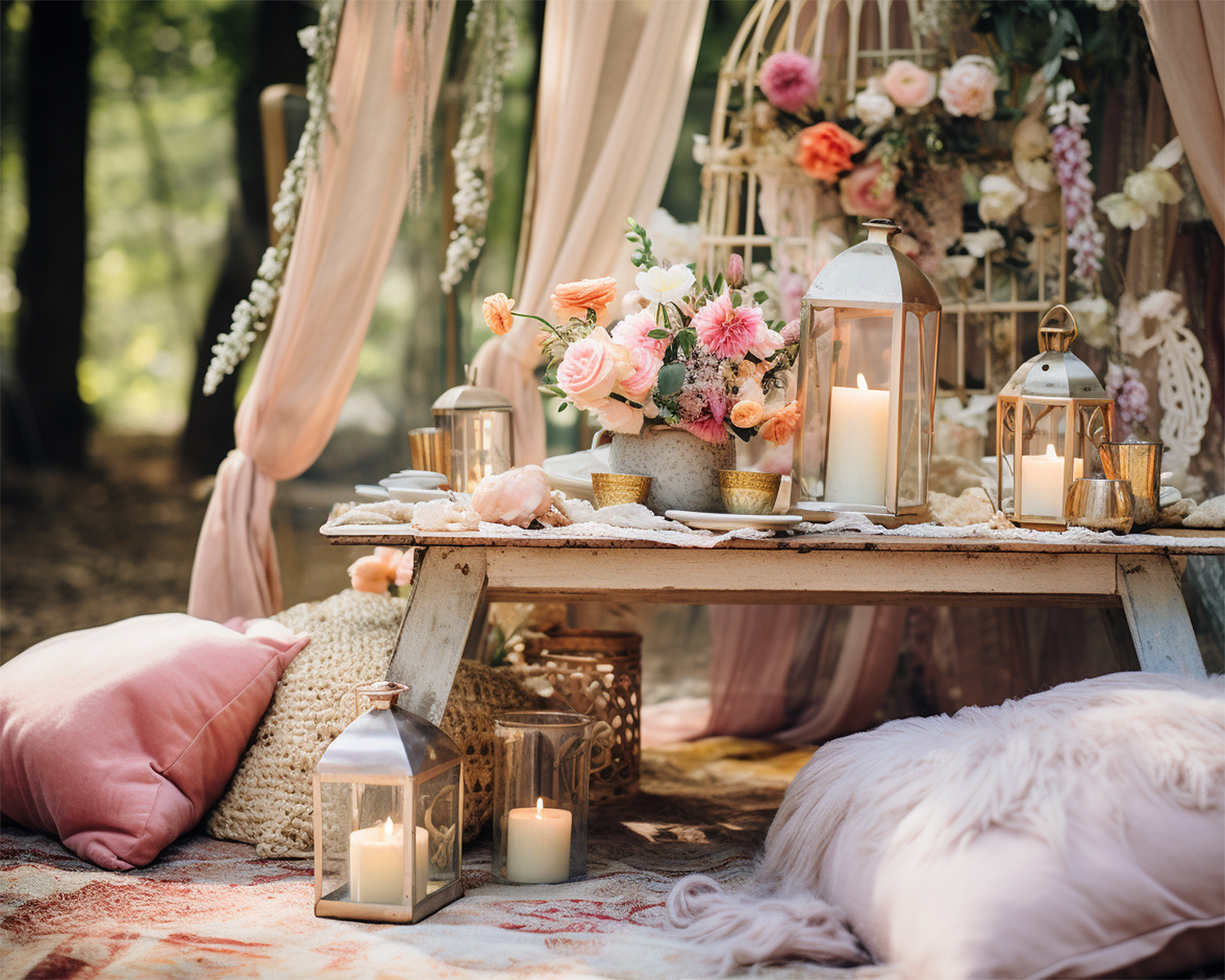 seating area in the garden with boho style decoration