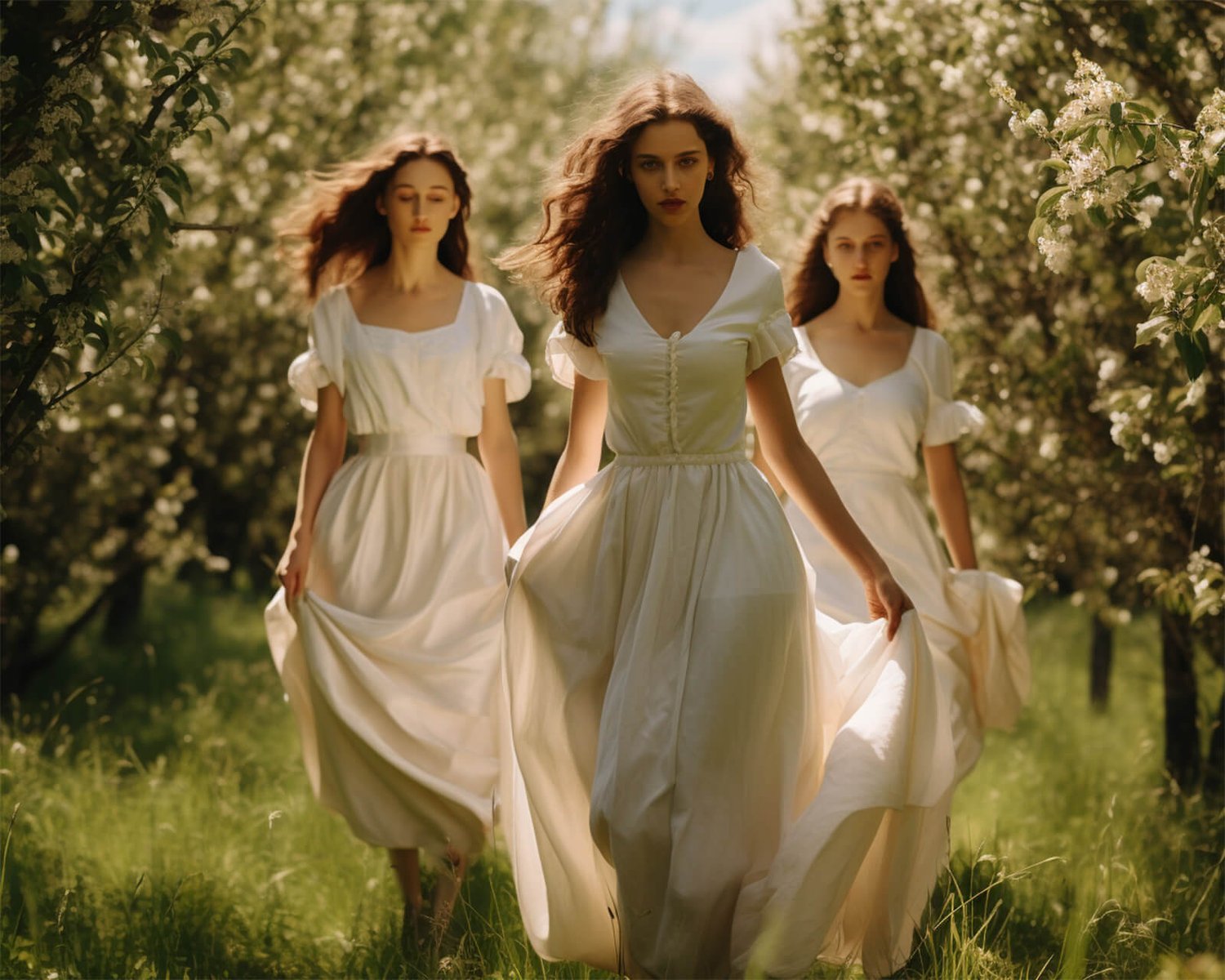 three bridesmaids wearing white dresses walking through a garden