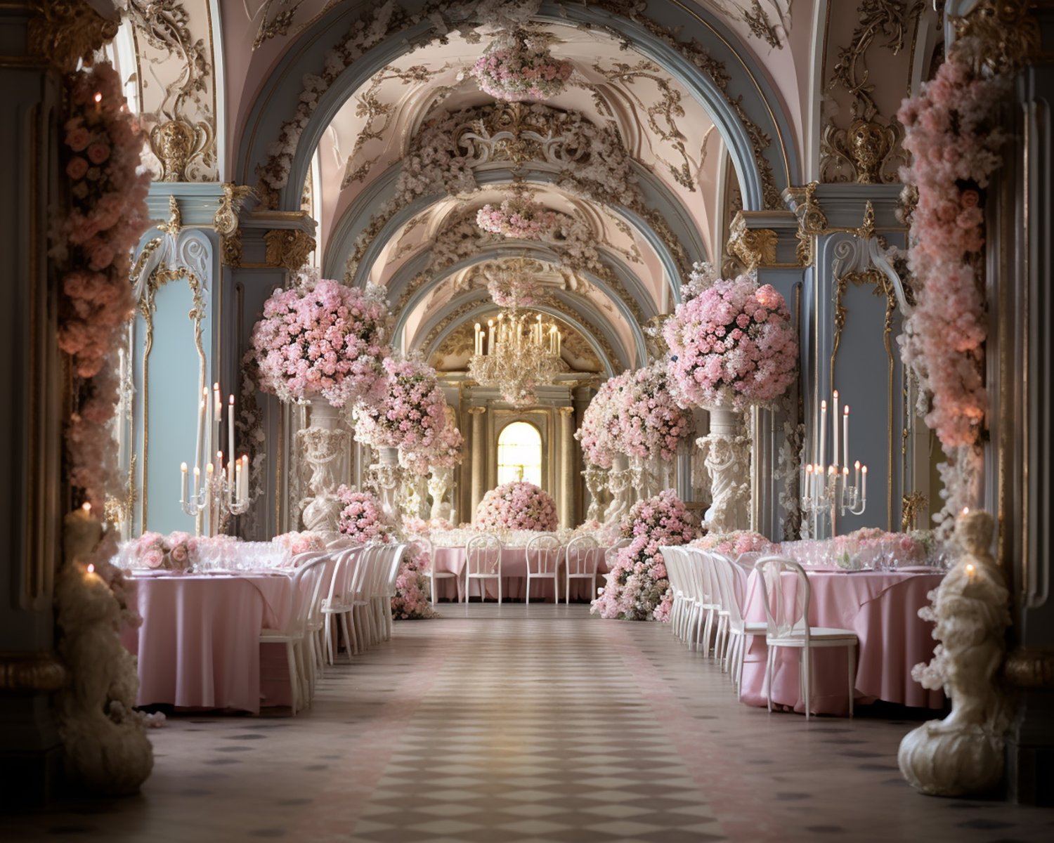 a palace decorated with pink flowers for a large dinner