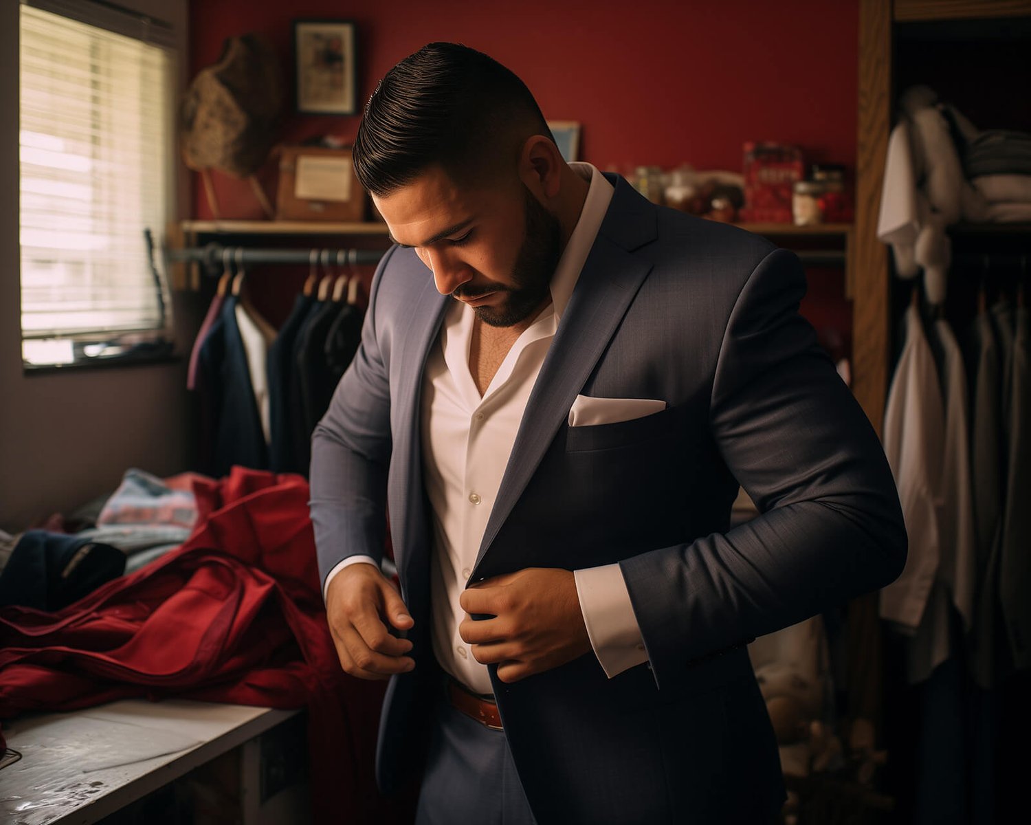 Fashionable young man buttoning up a navy blue suit over a light blue shirt in a well-organized bespoke tailor's shop.