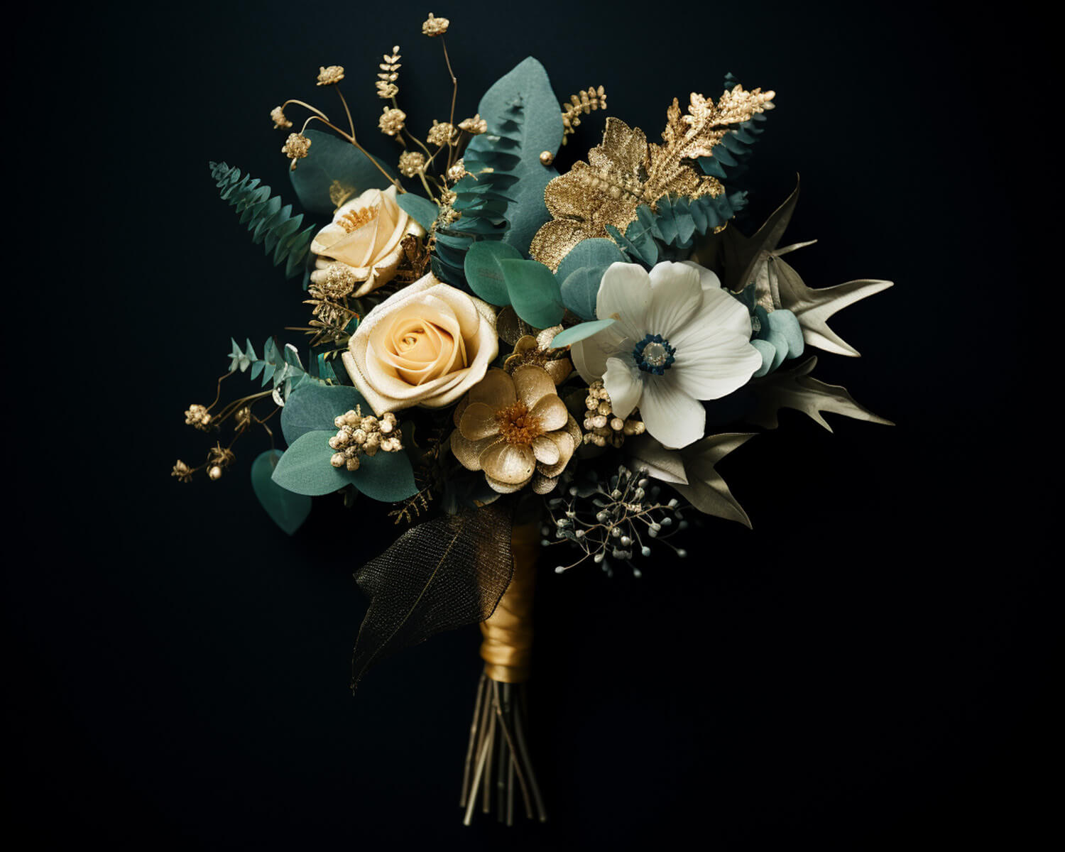 wedding bouquet with a green and gold color scheme