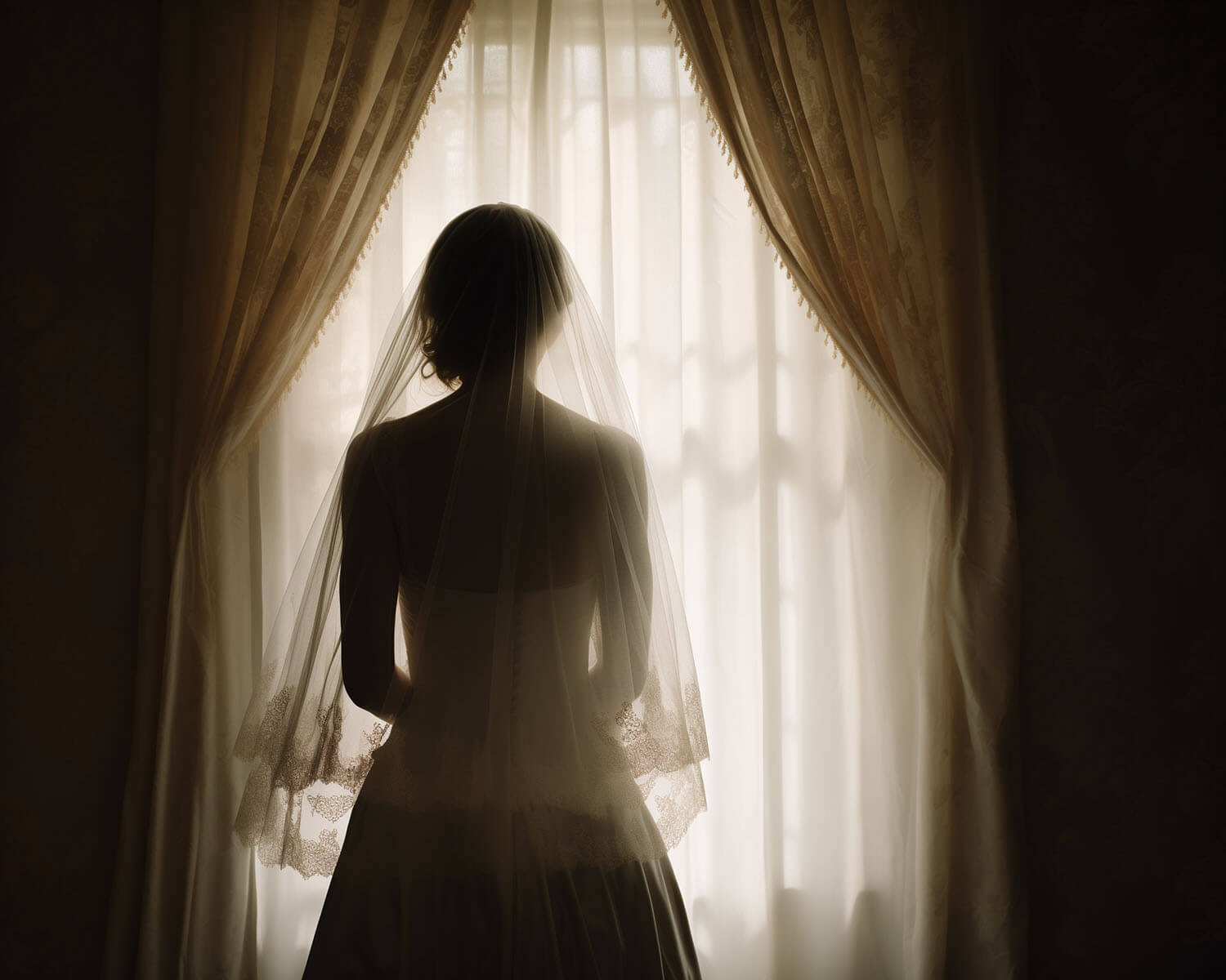 a bride wearing a wedding dress standing in front of a window