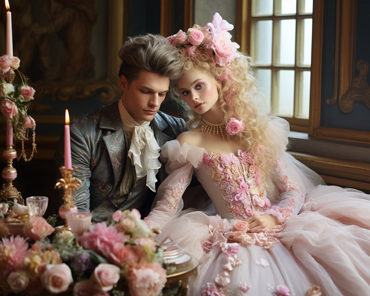 a young couple sitting together in a beautiful palace dressed with rococo style cloth