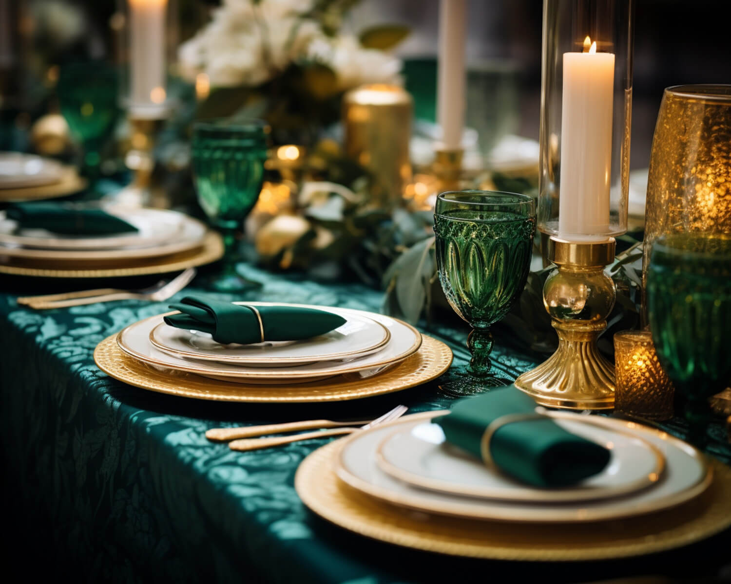 wedding dinner table decorated with a emerald green and gold color scheme