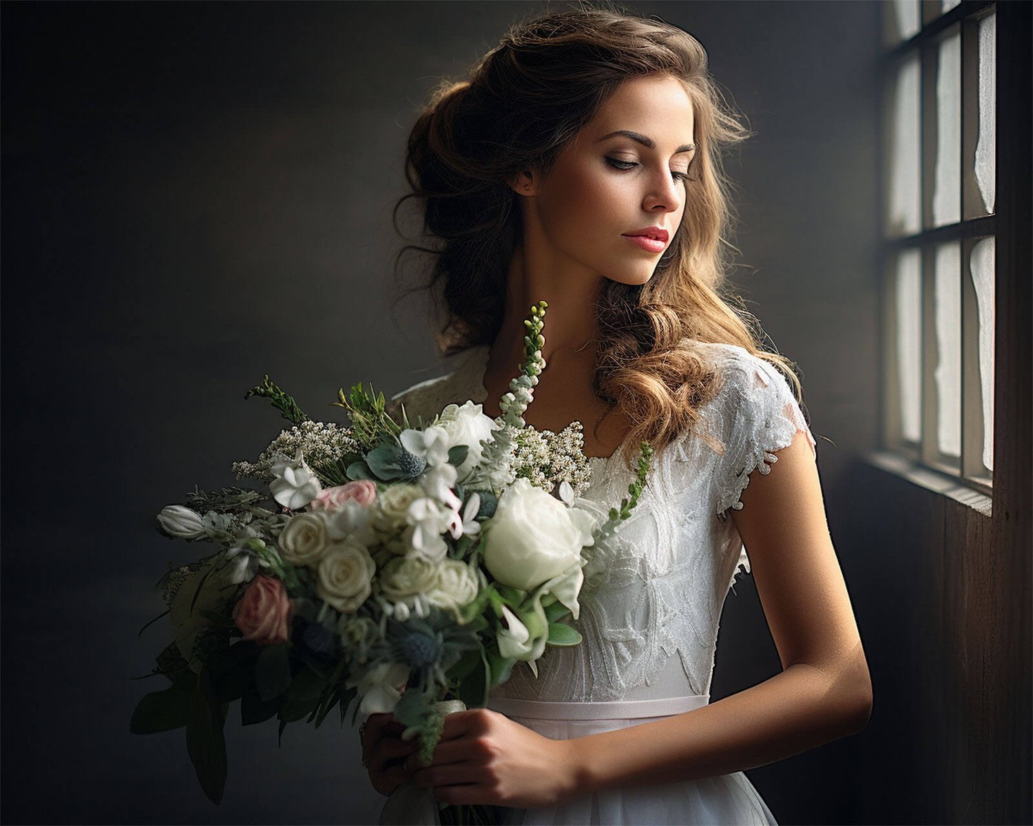 a bride with brown hair is standing next to a window holding a flower bouquet