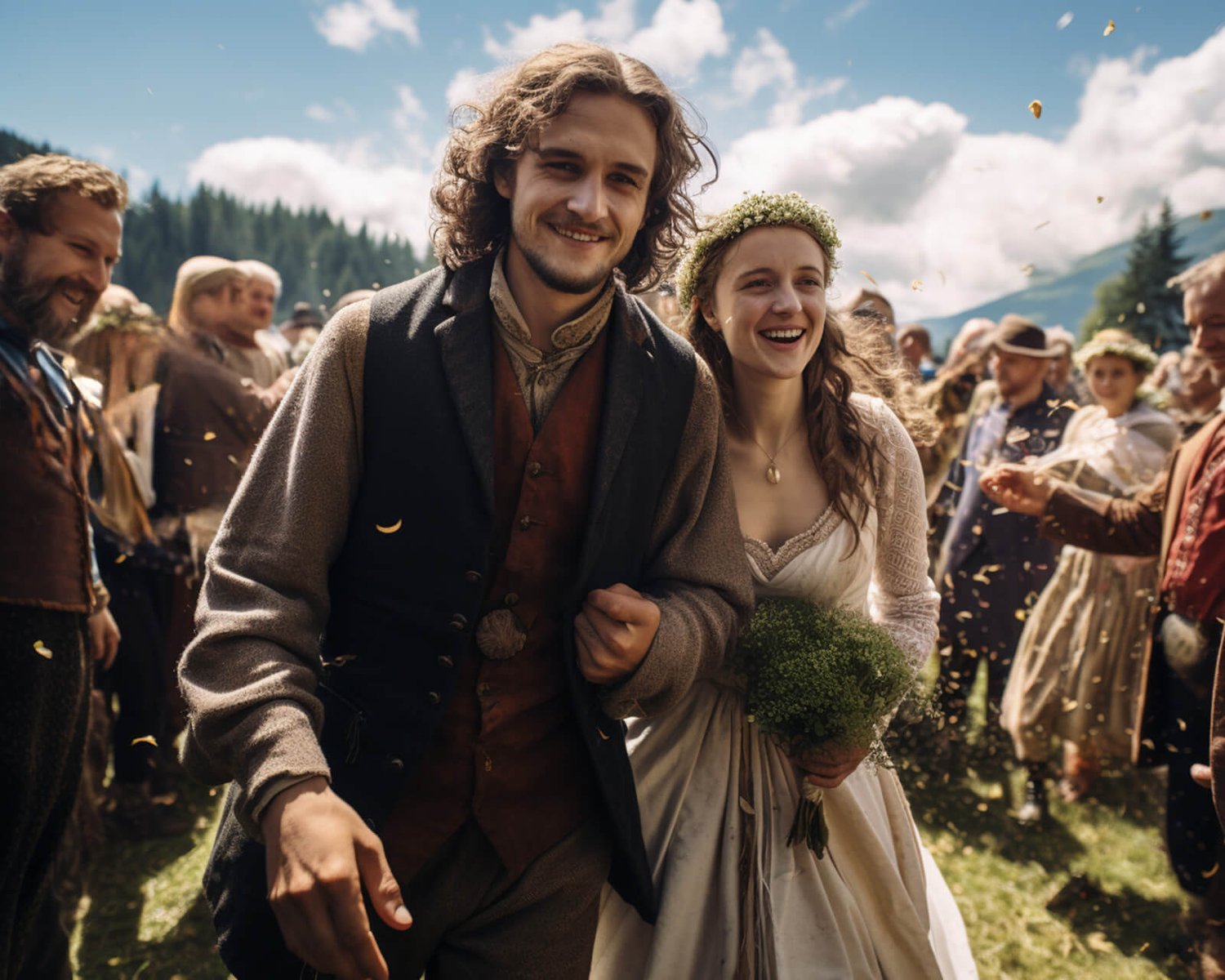 bride and groom dressed in lord of the rings inspired cloth are walking by a group of people