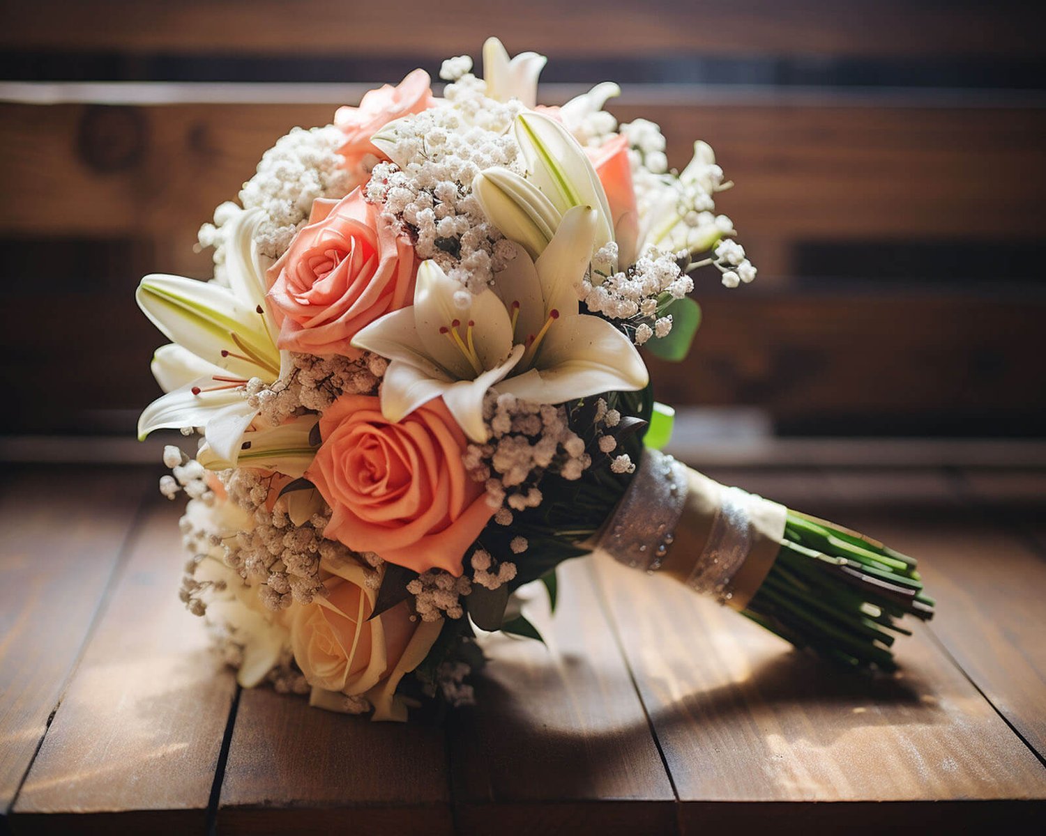 a beautiful flower bouquet on a wooden table