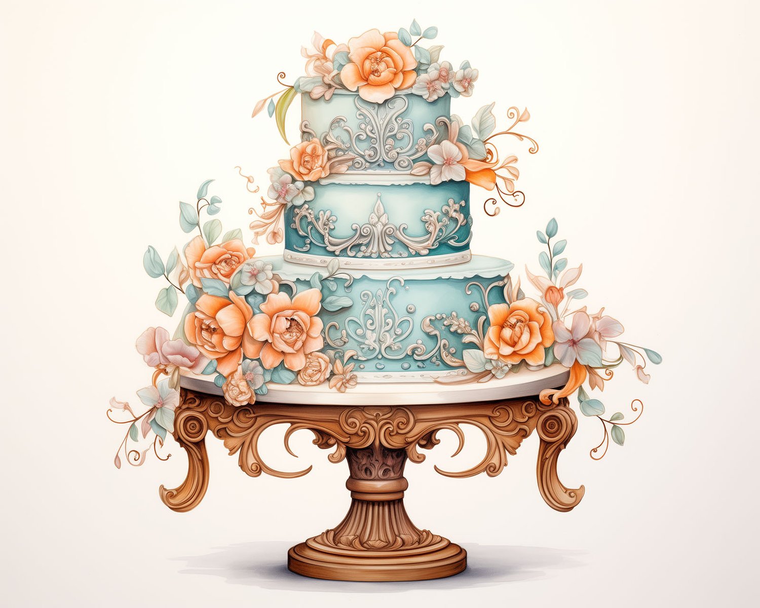 Artistic wedding cake with intricate peach floral designs and teal fondant, perfect for a fairytale-themed wedding reception.