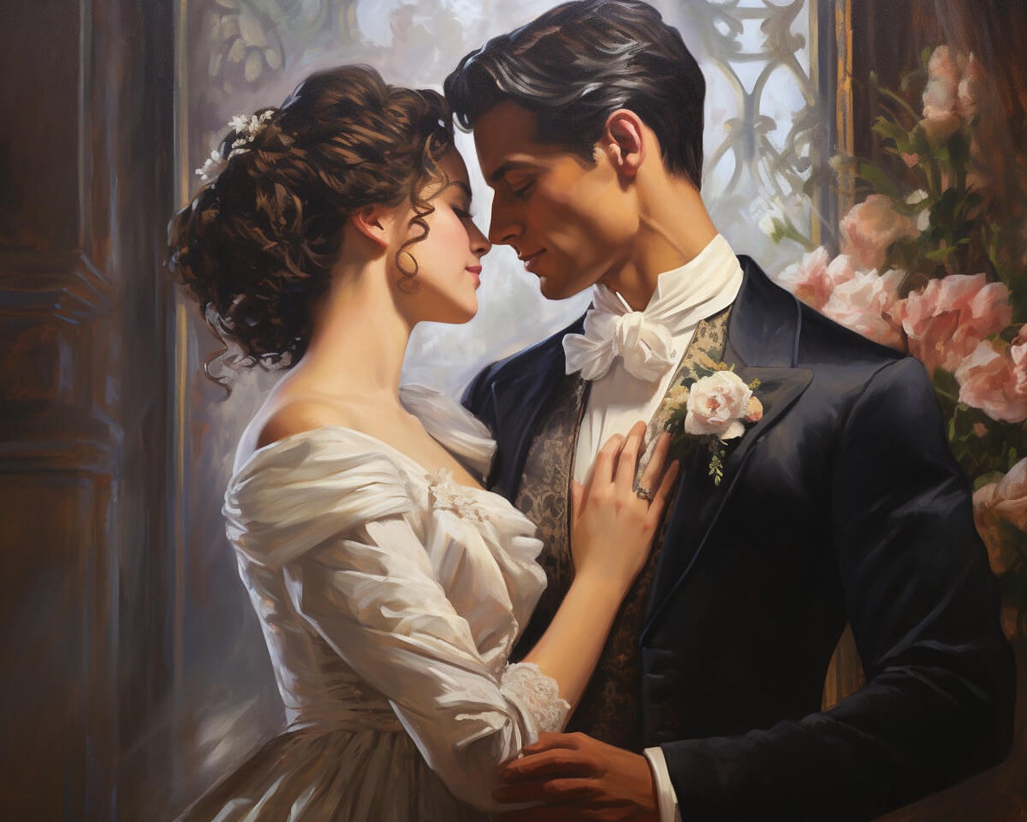 a romantic oil painting of a couple dressed in vintage clothing standing close together in a very romantic way