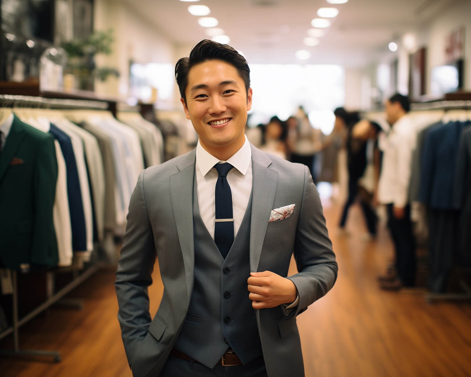 Smiling asian man in a stylish light grey business suit with a tie and pocket square shopping in a men's clothing store.