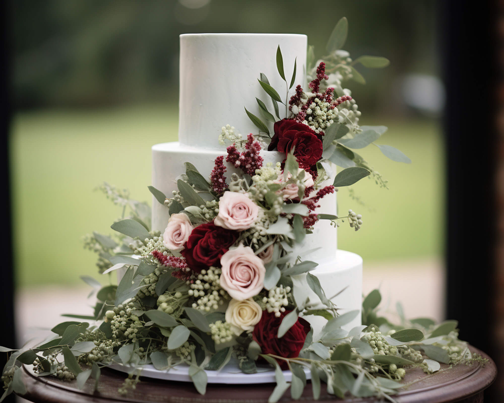 wedding cake with sage green and burgundy flowers