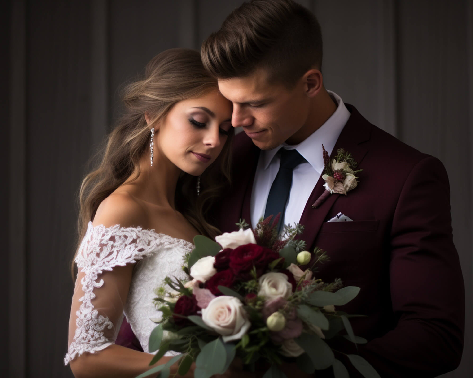 bride and groom holding a bouquet with a sage green and burgundy color scheme