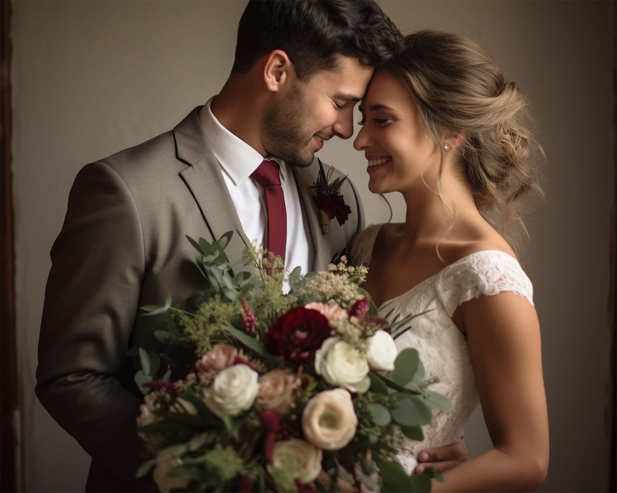 happy wedding couple holding a flower bouquet