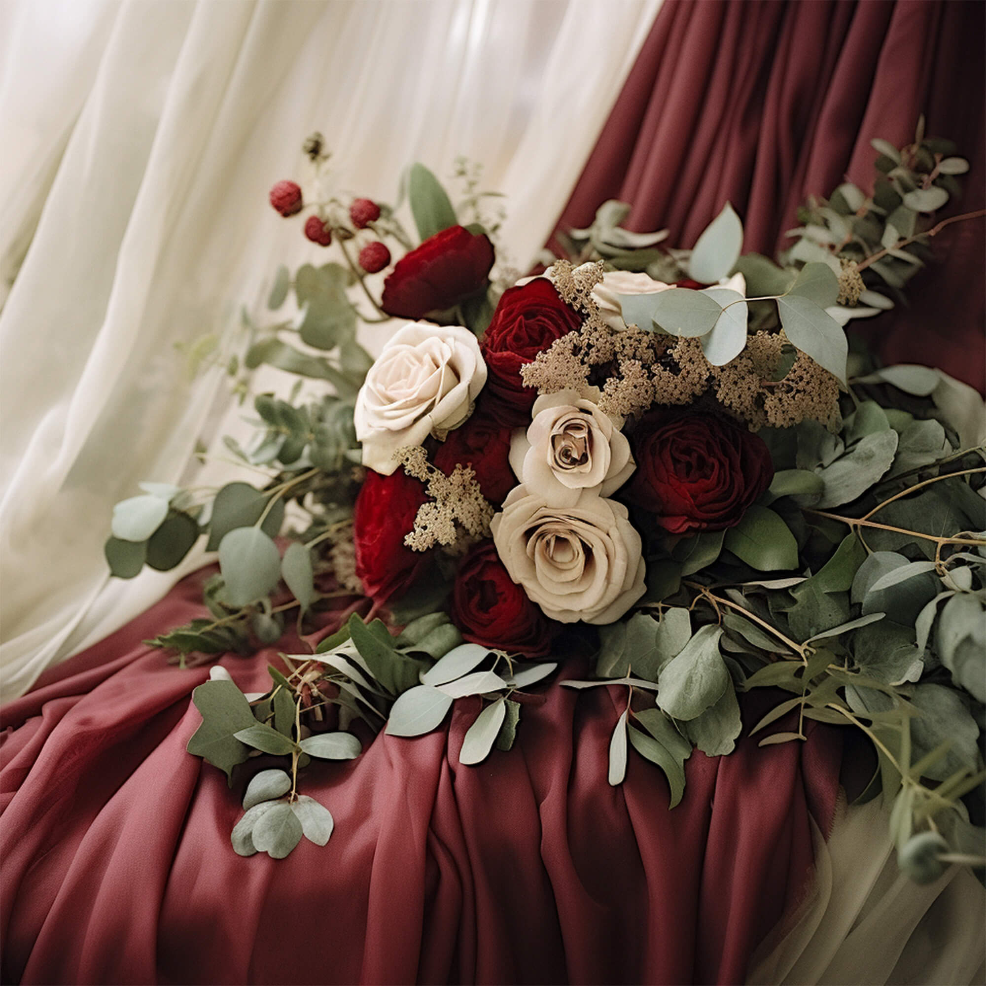 a flower bouquet on silk cloth with white, burgundy, and sage green color scheme