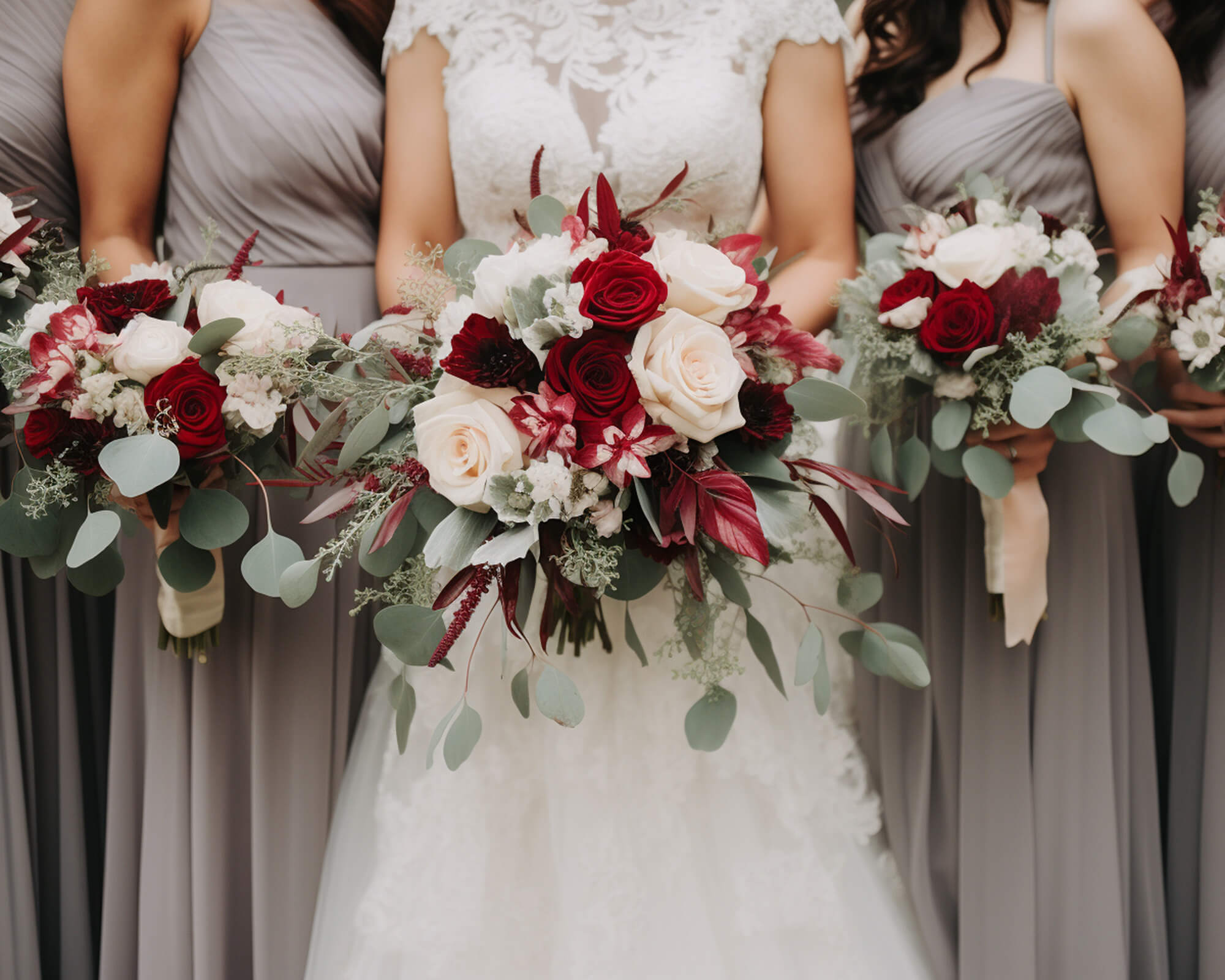 bride and her bridesmaids holding flower bouquets with a burgundy and sage green color theme