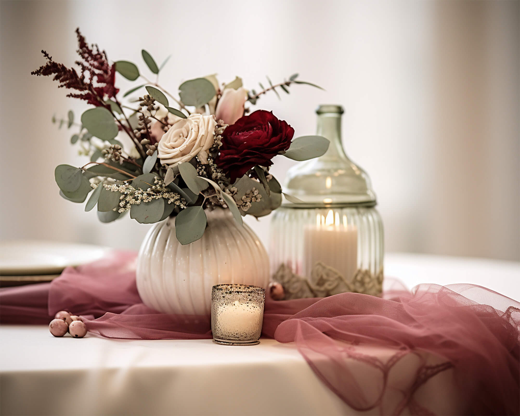 table decoration with a white vase filled with a flower bouquet, two candles, and a red cloth