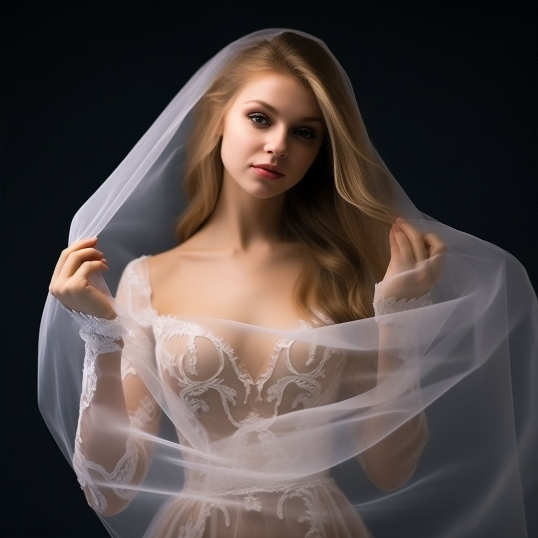 photo of a blonde bride wearing a sheer wedding dress