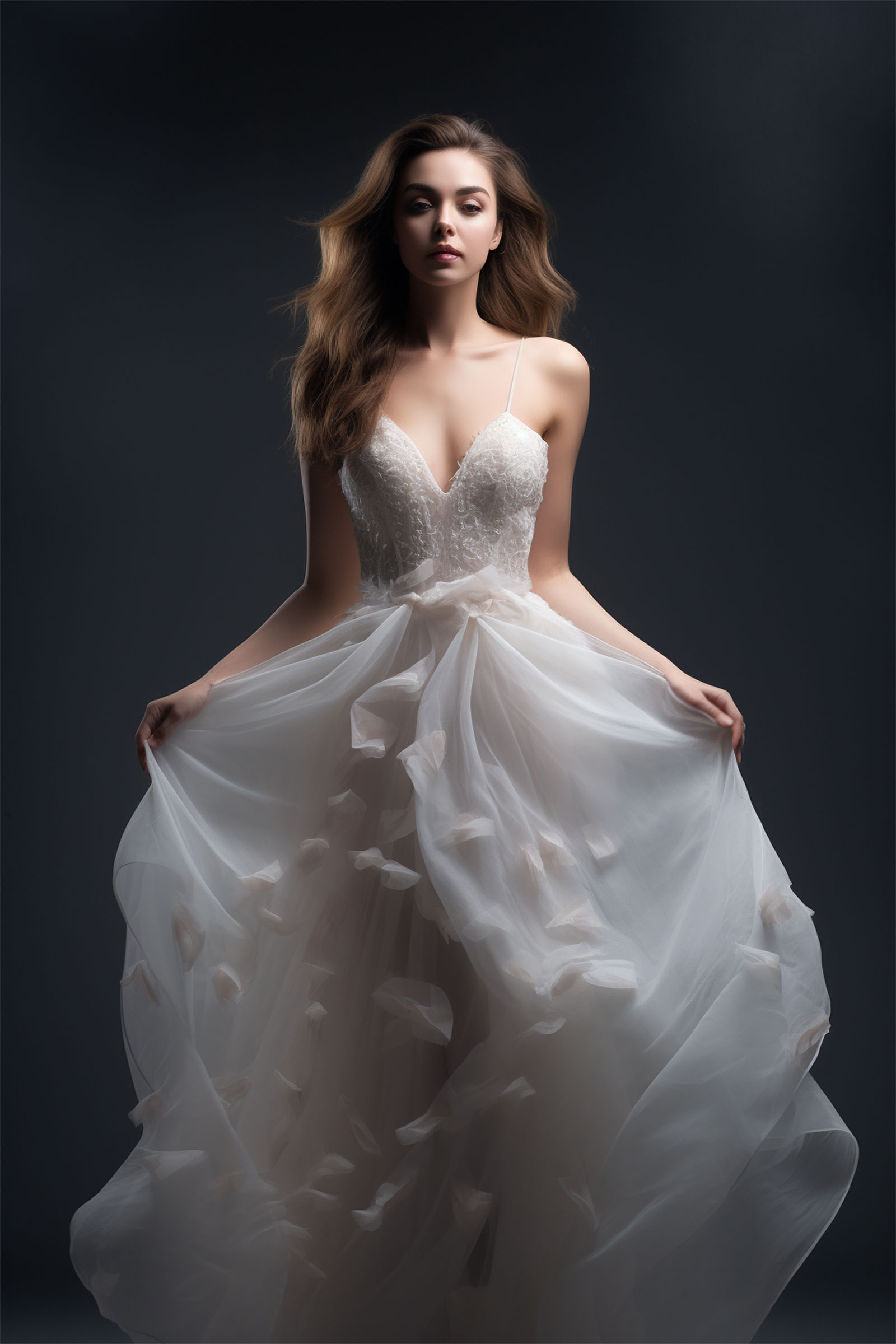 photo of a brunette woman wearing a sheer wedding dress